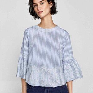 Zara Blue and White Striped Long-Sleeve Lace Detail Top Size X-Small